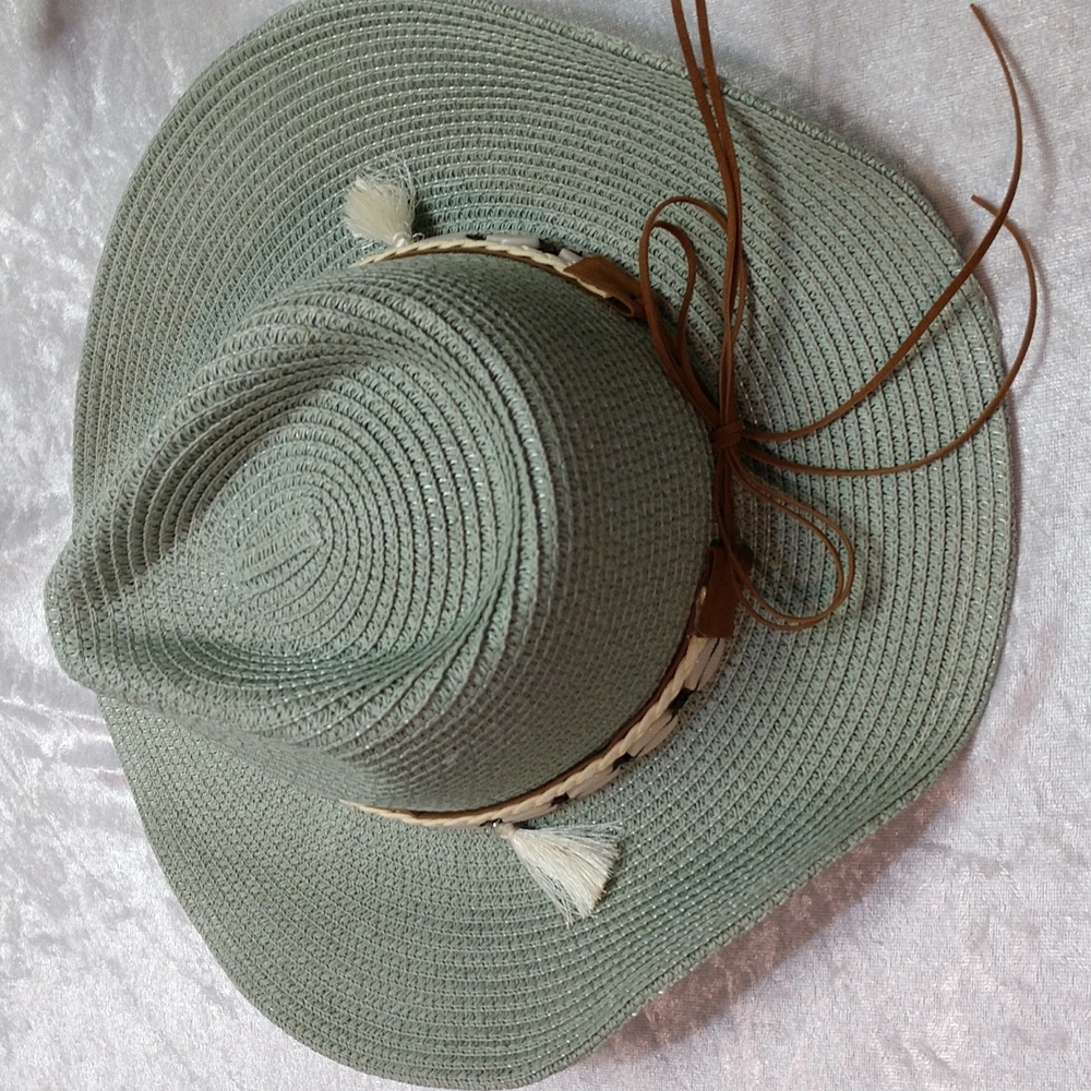 Unisex Woven Western Straw Beach Sun Hat Cowrie Cowry Shells Tassels Sage Green - Picture 7 of 15